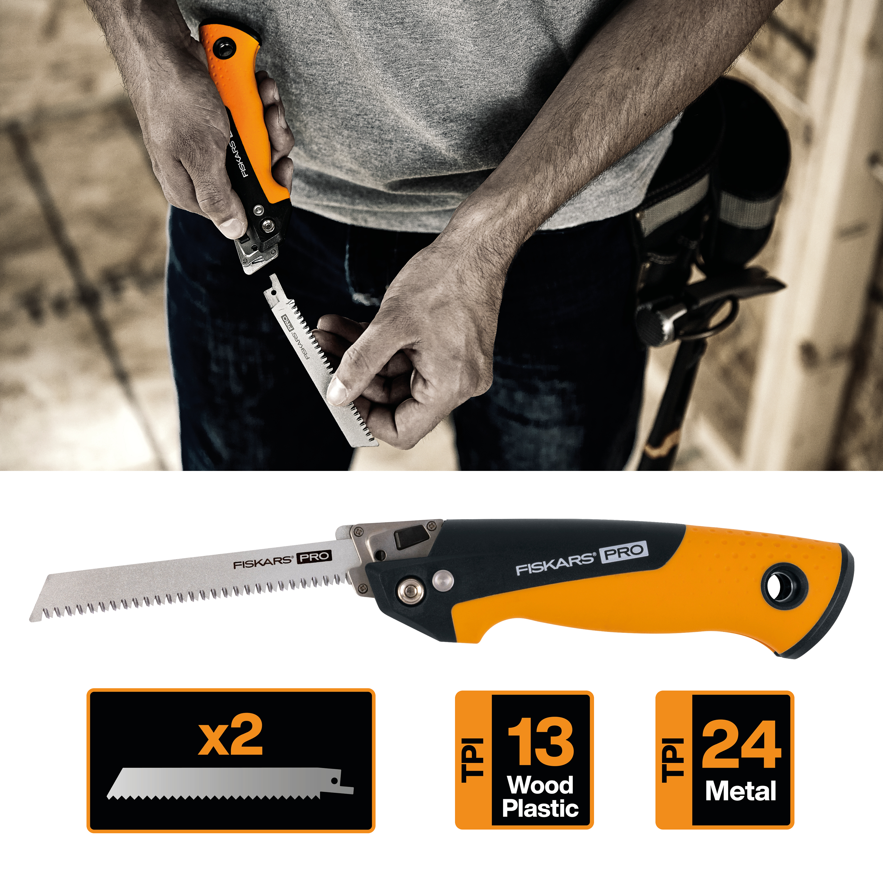 Fiskars Kompakt-Universal-Säge, 2 Sägeblätter, 1 5cm, 13 & 24 TPI